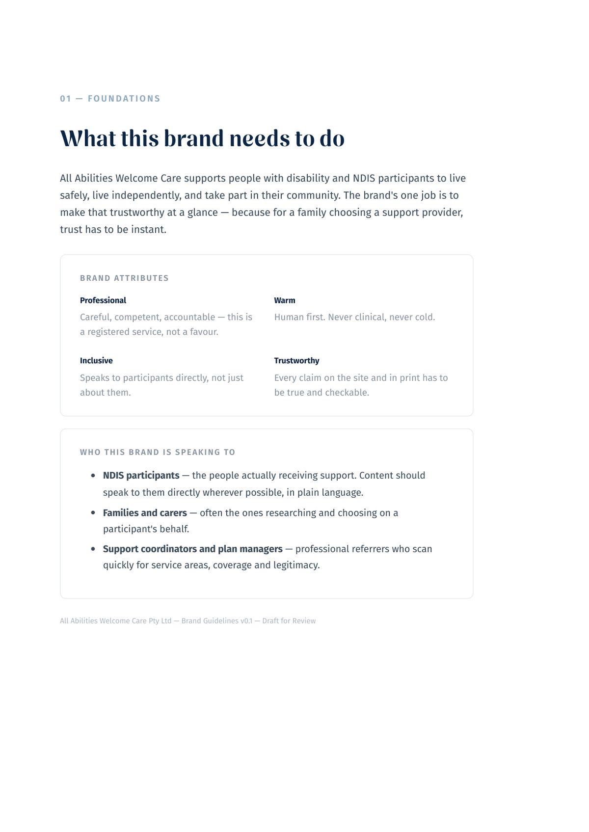 Brand guideline page showing colour palette and typography