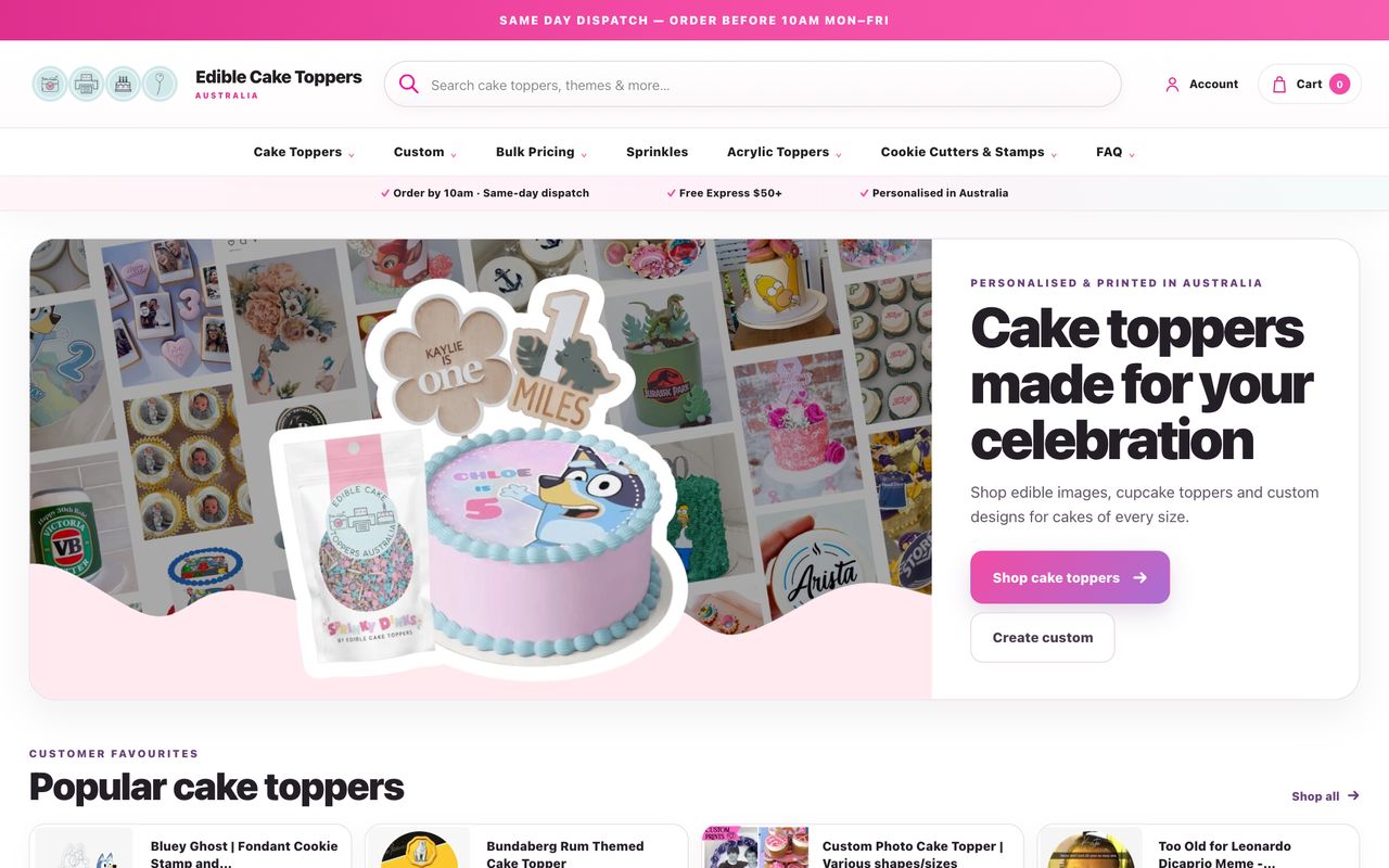 Edible Cake Toppers website designed by Sumit Brands